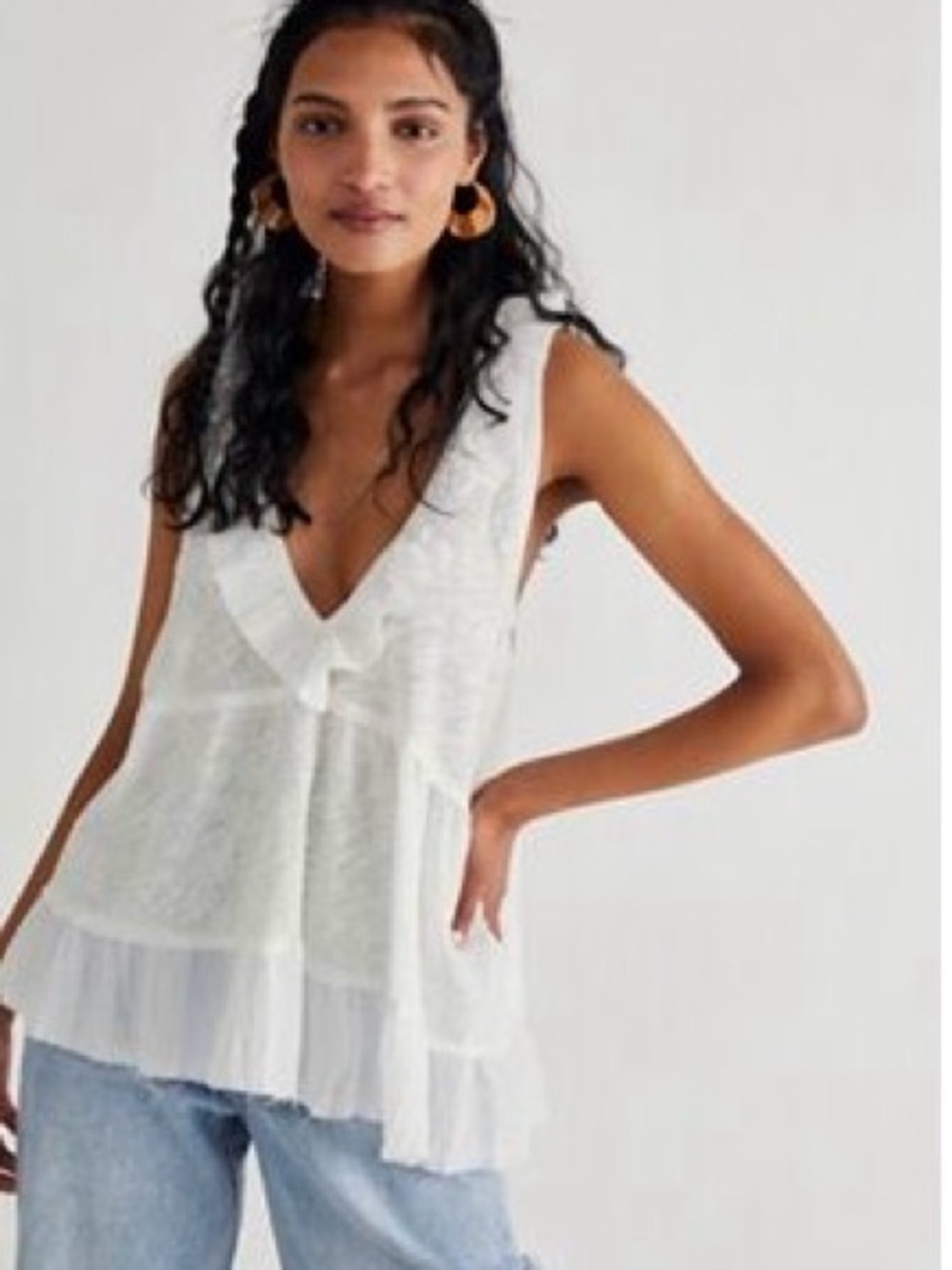 Free People White Ruffle V-Neck Tank NWOT